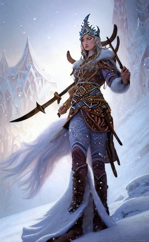 Image similar to opal viking warrior, regal, elegant, winter, snow, beautiful, stunning, hd, illustration, epic, d & d, fantasy, intricate, elegant, highly detailed, wide angle, digital painting, artstation, concept art, smooth, sharp focus, illustration, wallpaper, art by artgerm and greg rutkowski and alphonse mucha and jin xiaodi