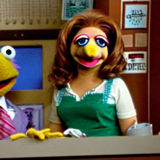 Prompt: film still of muppet!!!!! pam beesly!!!! as a muppet muppet muppet as a muppet in the tv show the muppet office