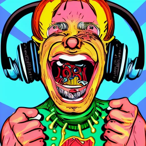 Image similar to artgerm, psychedelic laughing demon, rocking out, headphones dj rave, digital artwork, r. crumb, svg vector