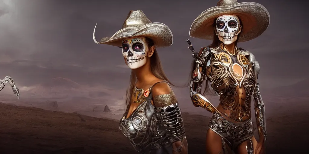 Image similar to Panorama screenshot of a beautiful female cyborg with sugar skull makeup, glowing long flowing silver hair, electric gold glowing eyes, wearing a cowboy hat, photographic highly detailed desert, hybrid from The Elden Ring and art direction by Darius Zawadzki ;by artgerm; wayne reynolds art station; cinematic quality character render; low angle; ultra high quality model; production quality cinema model