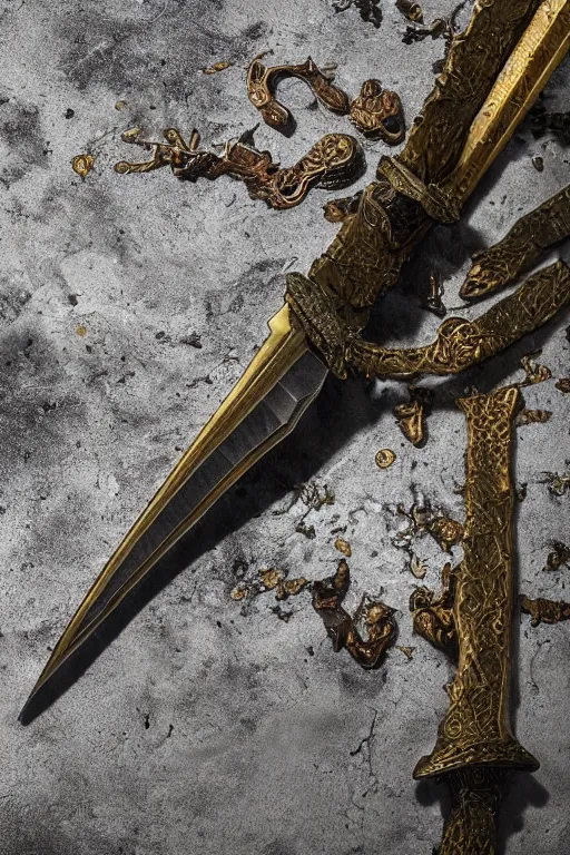 Image similar to photo taken of an epic intricate, ultra detailed, super realistic gritty, longsword weapon hero props, created by weta workshop, zoomed in shots, photorealistic, sharp focus, white wall coloured workshop, cold colour temperture, f 0. 4, face centred, golden ratio, golden hour