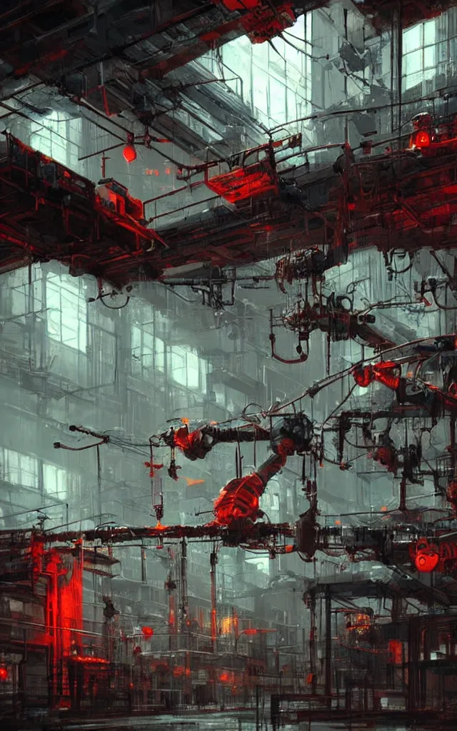 Image similar to dystopian factory building robots, with suspended rails and hanging mechanical parts, robotic arms, red leds, concept art by craig mullins, gloomy, neon lights