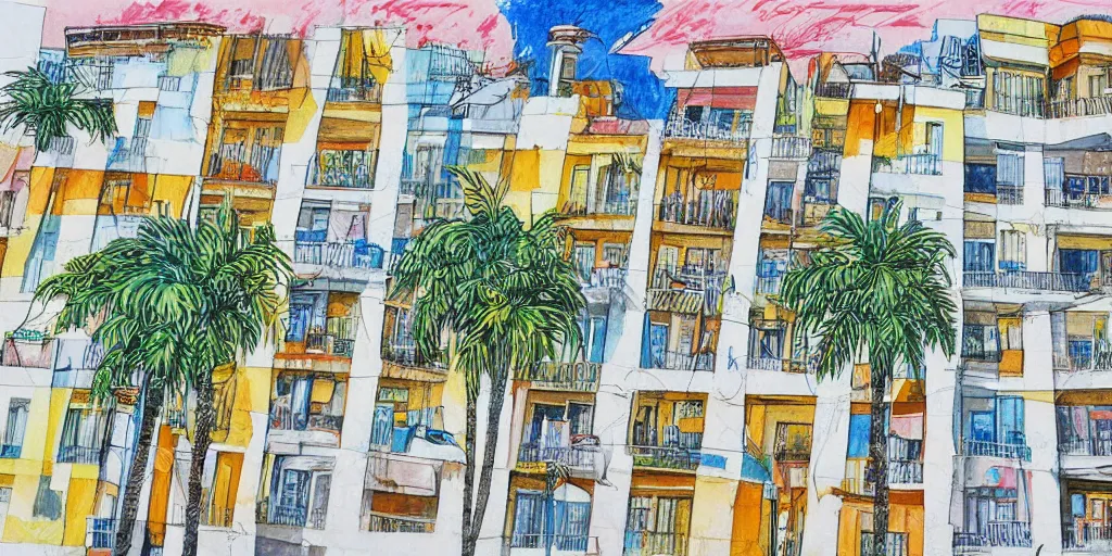 Prompt: tel aviv painting. bauhaus style. buildings with balconies. junction in dizingof center in tel aviv. highly detailed. pen drawing painted with watercolors. colorful. low buildings. palm trees. fluffy