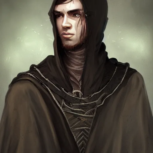 Prompt: portrait, young man. dark medieval clothes, Hood. high detail, digital art, fantasy, RPG, concept art, illustration