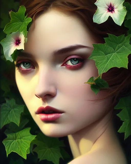 Image similar to stylized dark gloomy mysterious portrait of an artistic pose, composition, young lady sorrounded by nature, cinematic moody colors, ivy, flowers, one single head, realistic shaded, fine details, realistic shaded lighting poster by ilya kuvshinov, magali villeneuve, artgerm, jeremy lipkin and michael garmash and rob rey