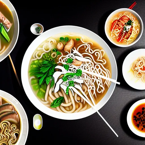 Image similar to flatlay realistic photo of delicious pho, ramen, aesthetic table cloth, highly detailed, by marc haydon, kailee mandel, masterpiece, 8 k hd, award winning, artstation,