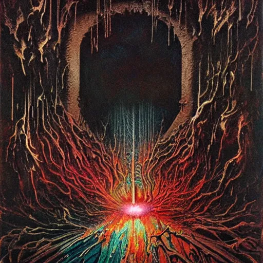 Prompt: acid metal reflecting, prismatic neon death, nebula oil colors, !dream merge skeletons in the hundeds reaching out the broken portal to hell, melting metal vortex, artwork by beksinski + gammell + mcfarlane + giger, wispy realistic horrors