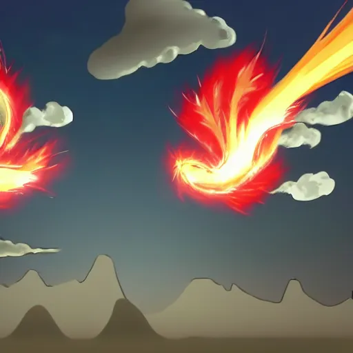 Prompt: two godly figures clashing and creating an atomic explosion and parting the clouds, animated in the style of avatar