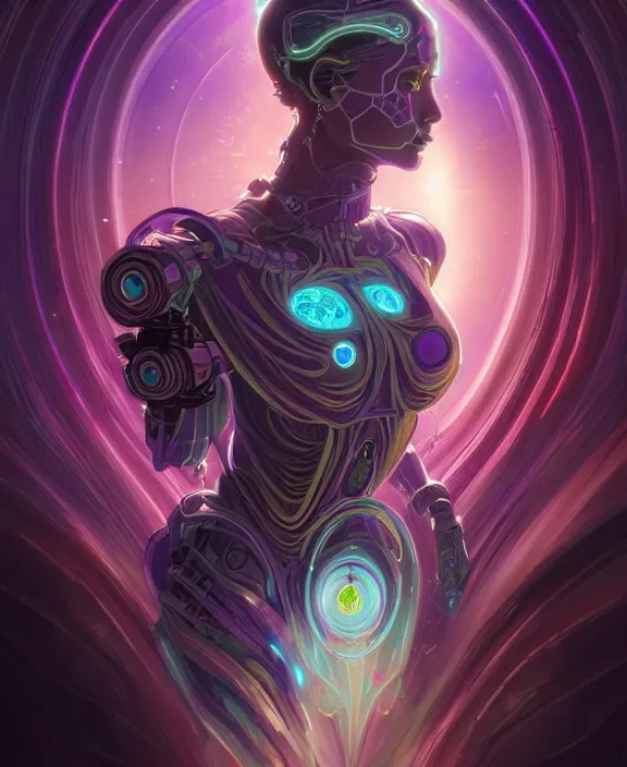 Image similar to a whirlwind of souls rushing inside the metaverse, half body, glowin eyes, tiara, pharaoh, android, cyborg, cyberpunk face, by loish, d & d, fantasy, intricate, elegant, highly detailed, colorful, vivid color, digital painting, artstation, concept art, art by artgerm and greg rutkowski and alphonse mucha