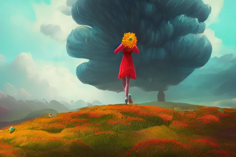 Image similar to giant dahlia flower as a head, girl walking on mountain, surreal photography, stars, dramatic light, impressionist painting, storm clouds, digital painting, artstation, simon stalenhag