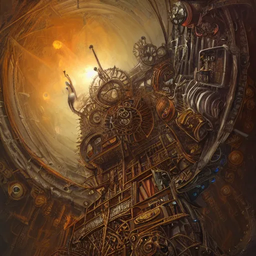 Prompt: low angle shot of a steampunk pc by clive barker, intricate, elegant, highly detailed, centered, digital painting, artstation, concept art, smooth, sharp focus, illustration, artgerm, Tomasz Alen Kopera, Peter Mohrbacher donato giancola, Joseph Christian Leyendecker, WLOP, Boris Vallejo.