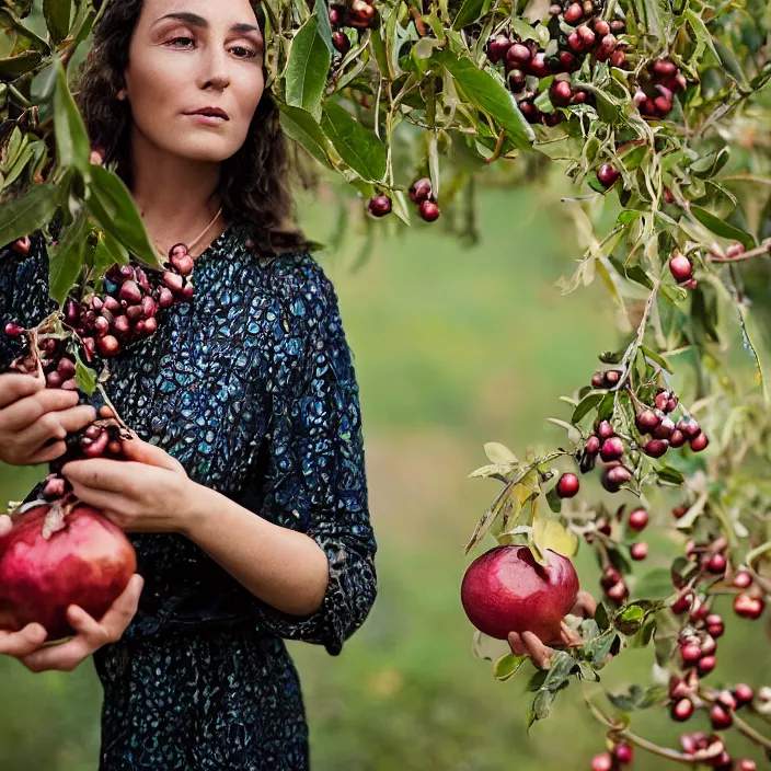 Prompt: a closeup portrait of a woman wearing iridescent copper armor, picking pomegranates from a tree in an orchard, foggy, moody, photograph, by vincent desiderio, canon eos c 3 0 0, ƒ 1. 8, 3 5 mm, 8 k, medium - format print
