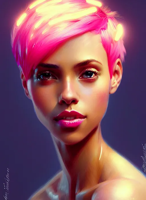 Image similar to portrait of vanessa morgan with bright pink hair, curly pixie cut hair, intricate, elegant, glowing lights, highly detailed, digital painting, artstation, concept art, smooth, sharp focus, illustration, art by wlop, mars ravelo and greg rutkowski