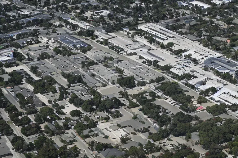 Prompt: aerial view of suburban office headquarters of a tech company