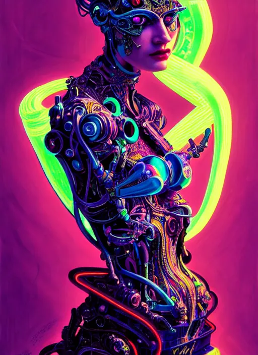 Image similar to neon cyborg, Neo Rococo Expressionist, Maximalism, orientalism, diffuse lighting, fantasy, intricate, elegant, highly detailed, lifelike, photorealistic, digital painting, artstation, illustration, concept art, smooth, sharp focus, art by John Collier and Albert Aublet and Krenz Cushart and Artem Demura and Alphonse Mucha