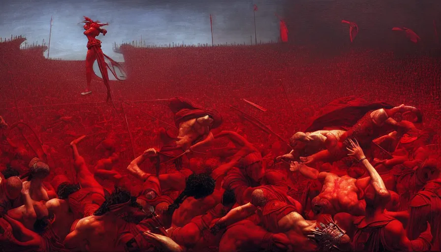 Image similar to only with red, bloody gladiator battle in a crowded roman amphitheatre, crowd cheering, in the style of beksinski and edward hopper and rodcenko and yue minjun and cory loftis, intricate and epic composition, red by caravaggio, highly detailed, masterpiece, red light, artstation, art nouveau