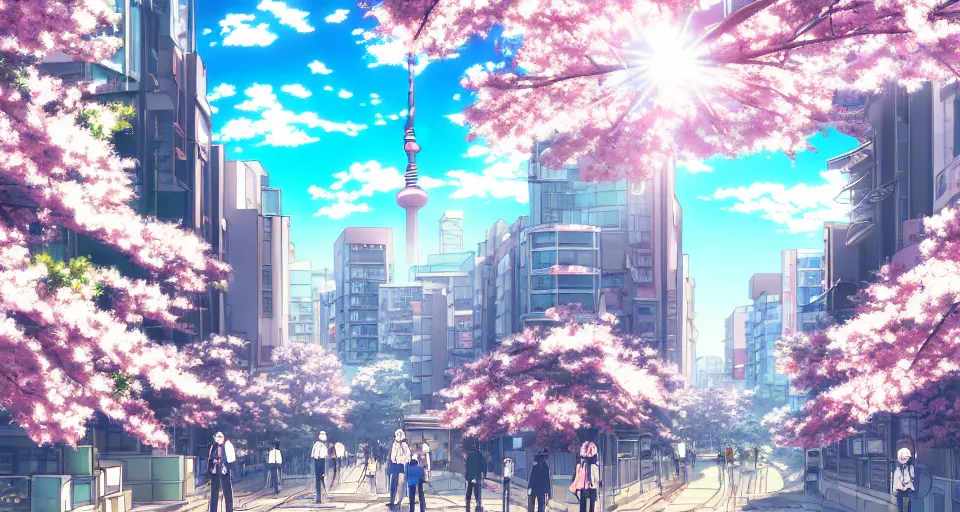 Image similar to anime style cityscape, spring season city, cherry blossoms blowing in the wind, day time, sun high in the sky, sun glare, clear weather, blue sky, tokyo japan, some people walking, people are detailed, high detail and sharp, detailed shading, trending on artstation, wallpaper, anime art style, kyoto animation productions, koyoharu gotouge