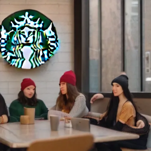 Image similar to hot girls sitting at starbucks being drawn by creepy guy in beanie, 8 k resolution, cinematic lighting, anatomically correct