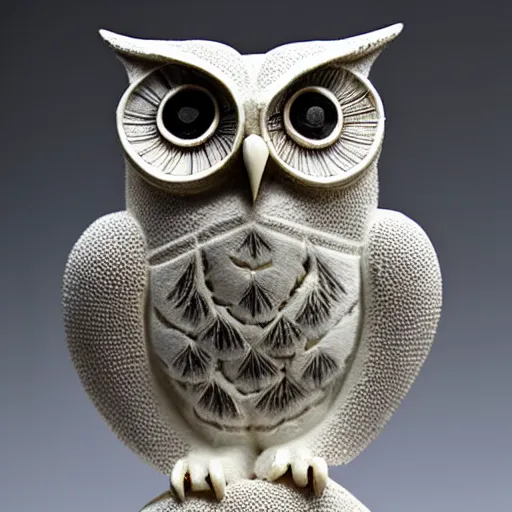 Prompt: symmetrical detailed sculpture of an owl, made of Milky Quartz