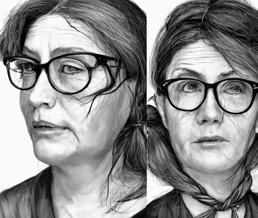 Prompt: A portrait headshot and upper bodyshot of a middle aged yet cute looking woman smirking with tied and knotted hair in a knot tied to the back of her head with thick rimmed glasses, very nostalgic, very melancholic, dramatic angle, rotoscoped, rotoscope, photoshop, photomanipulation, realism, painting, illustration and sketch, weird scribbles, hybrid styles, hybrid art styles, mismatched, trending on artstation, trending on deviantart, weird, quirky, interesting, very detailed, highly detailed, HD Quality, 4k resolution, 8k resolution, in the style of David Firth, in the style of James Lee, in the style of Drue Langlois,