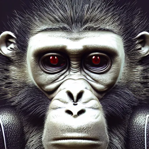 Prompt: Photography of ultra mega super hyper realistic detailed monkey by Hiromasa Ogura wearing cyberpunk style suit . Photo full lenght view on Leica Q2 Camera, Rendered in VRAY and DaVinci Resolve and MAXWELL and LUMION 3D, Volumetric natural light. Wearing cyberpunk suit with many details by Hiromasa Ogura .Rendered in VRAY and DaVinci Resolve and MAXWELL and LUMION 3D, Volumetric natural light