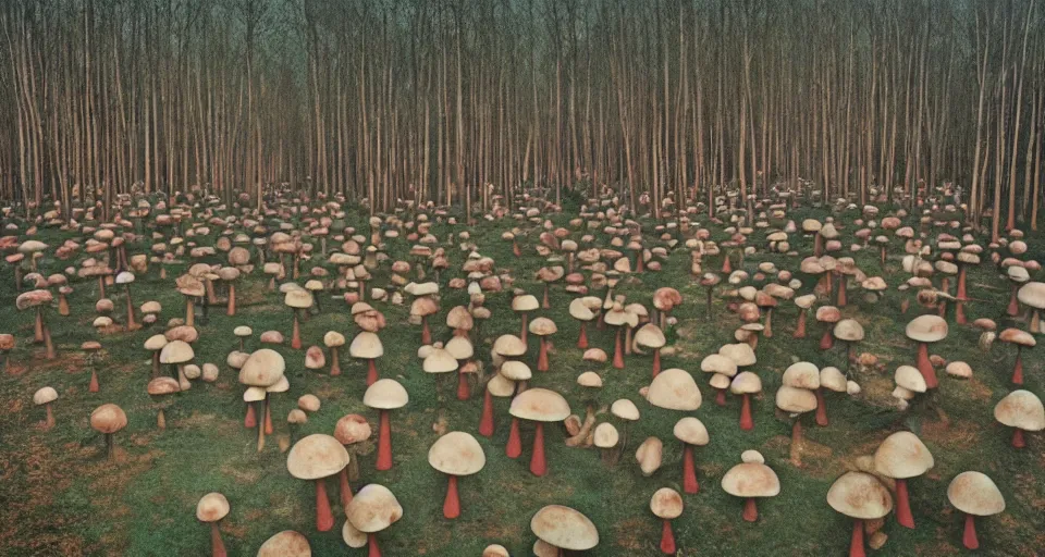 Image similar to A tribal village in a forest of giant mushrooms, by Gottfried Helnwein