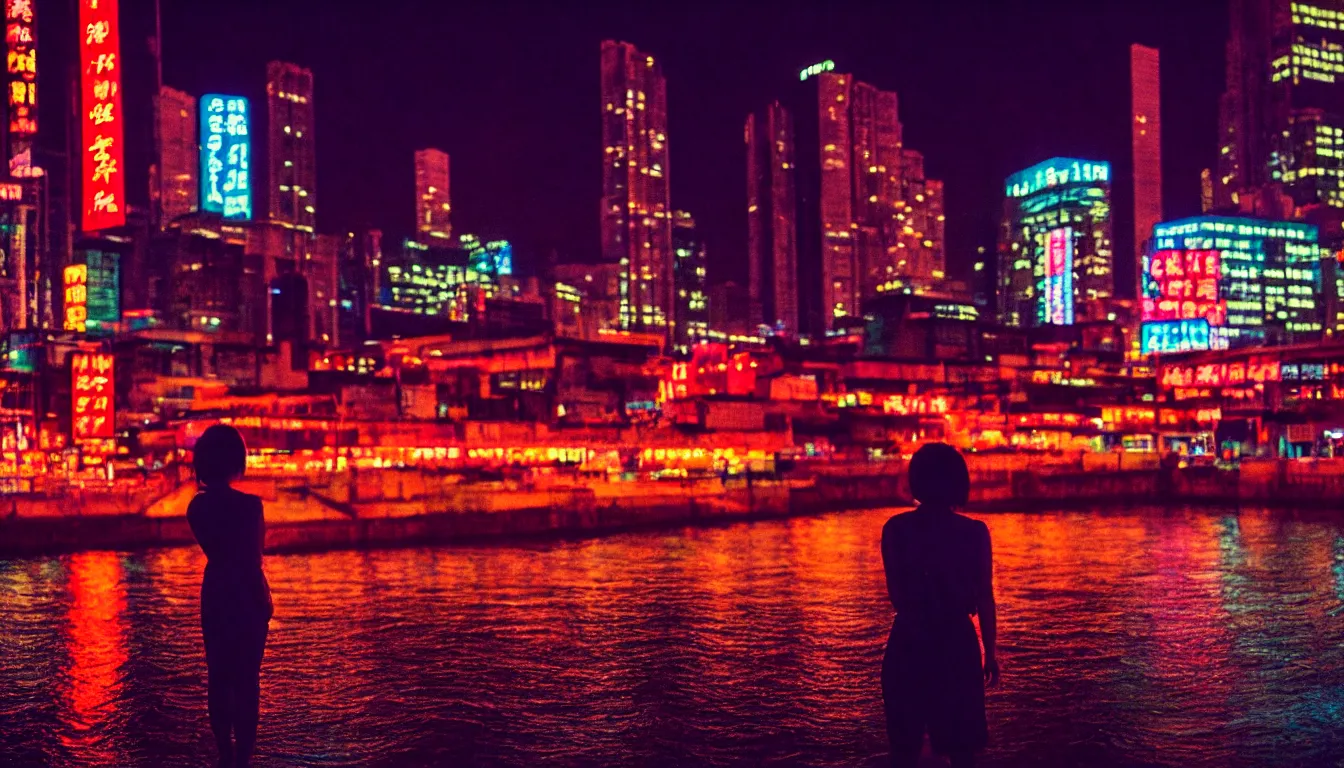 Image similar to 80s asian neon movie still with a lone woman by the river at night with city lights behind his back. hyperrealistic, high definition, medium format photography, highly detailed, tehnicolor, anamorphic 50mm lens