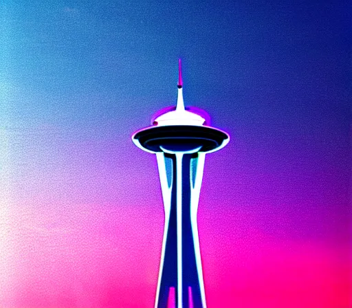 Image similar to a beautiful and immaculate balanced vaporwave ombre scene depicting outrun style seattle and the space needle