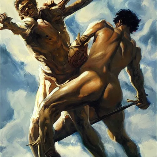 Image similar to detailed illustration of perseus vs medusa, hyper detailed, realistic, oil painting, artwork by greg manchess, cinematic lighting
