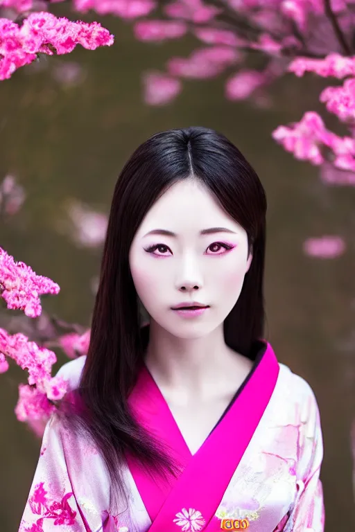 Image similar to portrait of a gorgeous japanese beauty wearing kimono, pink zen style, photorealistic portrait, porcelain skin, beautiful eyes and face, smooth, 8 k uhd, beautiful volumetric lighting