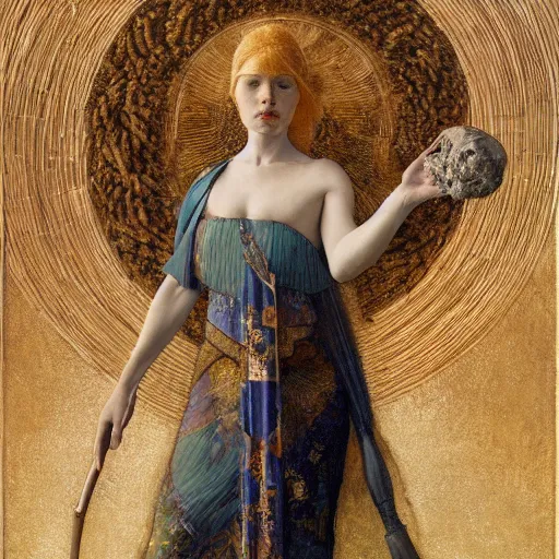 Image similar to masterpiece full body of a goddess in the cosmos with a human skull in one hand and a staff of wheat in the other, by Edgar Maxence and Ross Tran and Michael Whelan and Gustav Klimpt