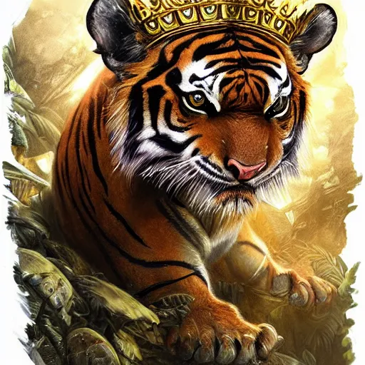 Image similar to a very high detailed tiger crossed with a muscular human body, wearing a very detailed golden crown, tattoo on shoulder, in a highly detailed jungle, full body, majestic, symmetric, Golden crown, crown on head, digital art, concept art, greg rutkowski, Nikolai Karelin, Hou China, trending artstation