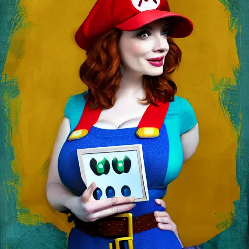 Image similar to Christina Hendricks with super Mario clothes, digital art,