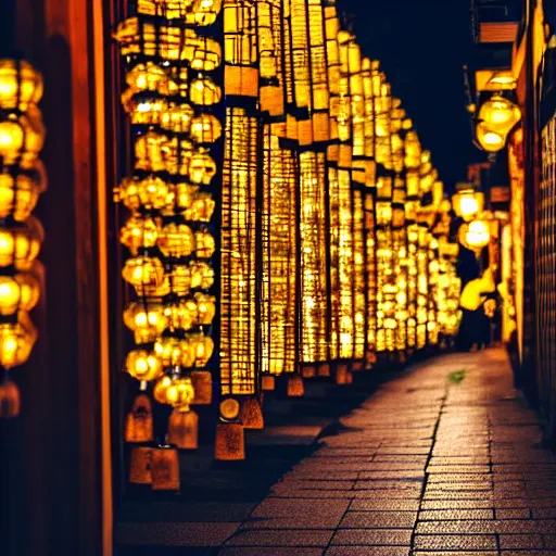 Image similar to night photography of kyoto alleyway at night, golden lanterns, traditional and modern store fronts, bokeh, award winning, dslr, nikon