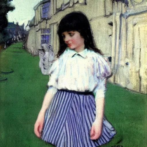 Image similar to Kinetic sculpture. A young girl stands in the center of the frame, looking off to the side. She wears a school uniform with a short skirt and a striped shirt. The background is a vivid, with wavy lines running through it. pale indigo by Frits Thaulow cosy