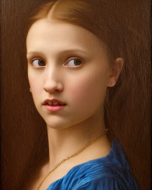 Image similar to a window - lit realistic portrait painting of an open - mouthed girl resembling a young, shy, redheaded alicia vikander or millie bobby brown, lit by a window at the side, highly detailed, intricate, by leonardo davinci, bouguereau, and boticelli