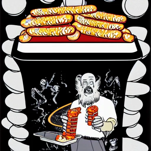 Prompt: pinball machine marquee artwork, an evil space wizard holding a tray of hot dogs over a trashcan in a threatening way, inside a 1 9 8 0's italian mansion