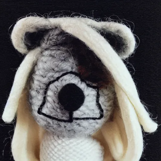 Prompt: billie eilish as a wool toy polaroid crumbled photo