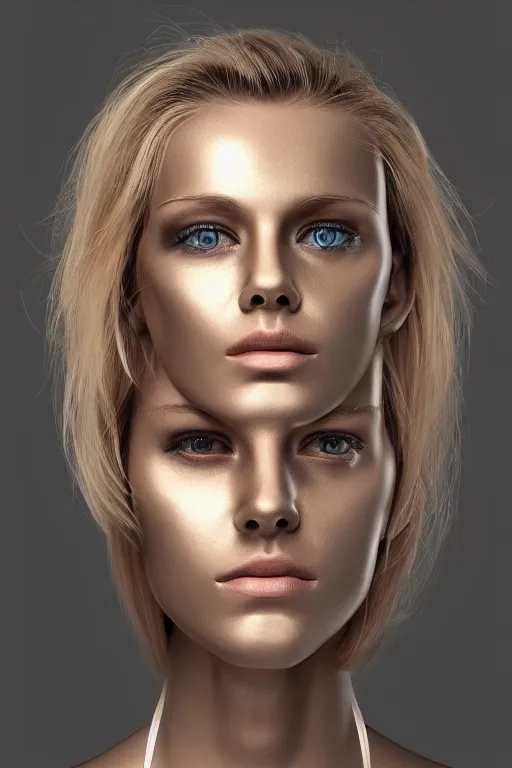 Image similar to robot with human face, female head, woman human face, human face realistic, human head, human head with blonde hair, blonde hair human head, blonde hair, human realistic face, human head skin, cyborg frame concept, cyborg by ales-kotnik, sci-fi android female