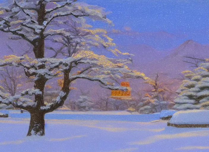 Image similar to hokkaido in winter, japan in the style of hudson river school of art, oil on canvas