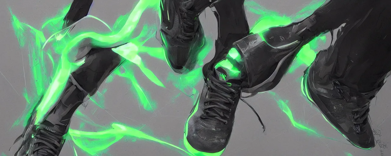Prompt: looking at the side of a futuristic sneaker from Rebok, art by Gerald Parel, trending on Artstation, hightop, black and white, leather, suede, chrome, green neon, green lasers, photorealism, hyperrealism artstation