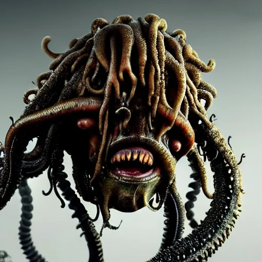 Image similar to photo taken of an epic intricate, ultra detailed, super realistic gritty, wet, slimy, lifelike sculpture of a nightmarish hellish alien creature with tentacle dreadlocks created by weta workshop for james cameron, zoomed in shots, photorealistic, sharp focus, white wall coloured workshop, cold blueish colour temperature, f 0. 4