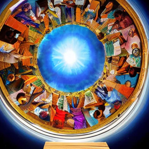 Image similar to A beautiful painting of a group of people standing around a circular table. In the center of the table is a large, open book. The people in the painting are looking at the book with interest and appear to be discussing its contents. iridescent by Phil Koch control the soul, contest winner