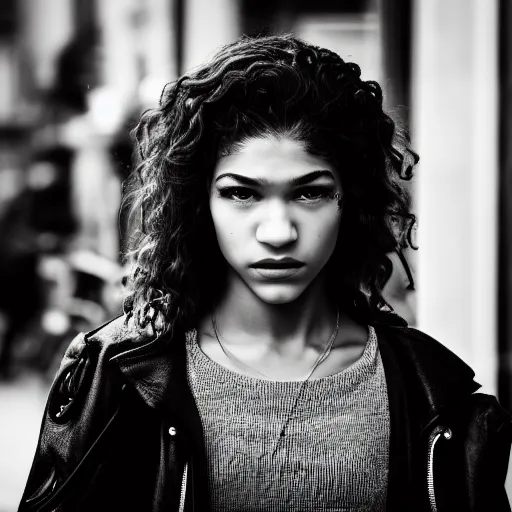 Image similar to black and white fashion photograph, highly detailed portrait of a depressed Zendaya as a drug dealer on a busy Paris street, detailed face looking into camera, eye contact, natural light, rain, mist, lomo, fashion photography, film grain, soft vignette, sigma 85mm f/1.4 1/10 sec shutter, Daren Aronofsky film still promotional image, IMAX 70mm footage