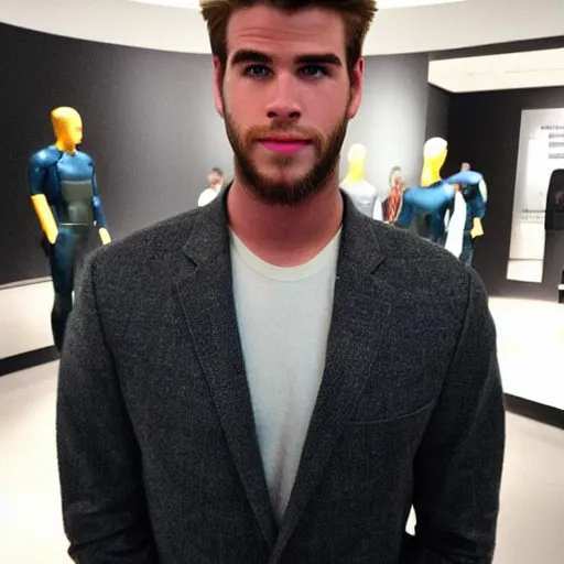 Image similar to “a realistic detailed photo of a guy who is an attractive humanoid who is half robot and half humanoid, who is a male android, actor Liam Hemsworth, shiny skin, posing like a statue, blank stare, at the museum, on display”