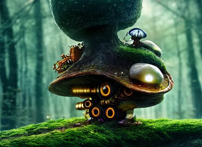 Image similar to intricate mechanical caterpillar sitting on top of a mushroom in a magical forest. Very detailed 8k. Fantasy cyberpunk horror. Sharp. Cinematic post-processing