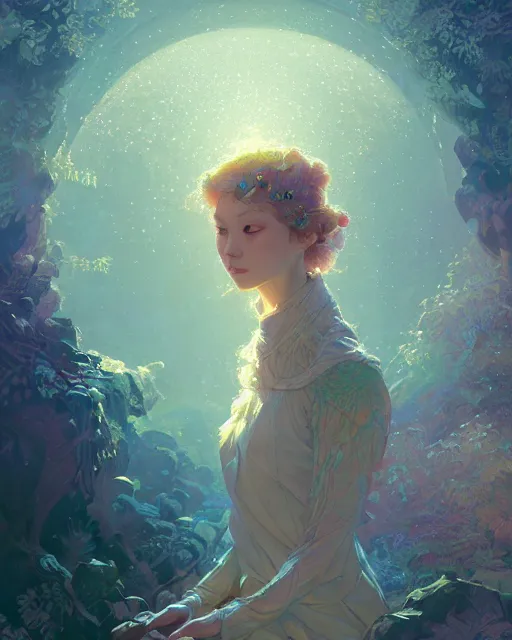 Prompt: harmony of the spheres, fractal crystal, forest protectress, ( beauty portrait ) by wlop, james jean, victo ngai, beautifully lit, muted colors, highly detailed, artstation, fantasy art by craig mullins, thomas kinkade