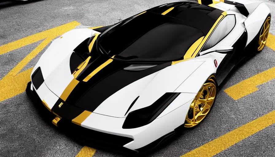 Image similar to Bright white and black Ferrari with gold wheels, hyperdetailed, artstation, cgsociety, 8k