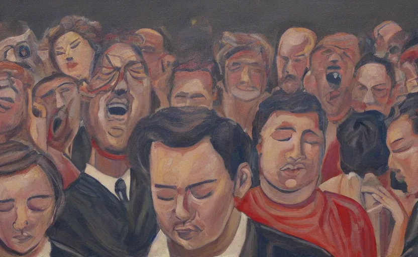 Image similar to a painting of a man with eyes wide open surrounded by people with their eyes completely closed. there are also crt television drones flying around