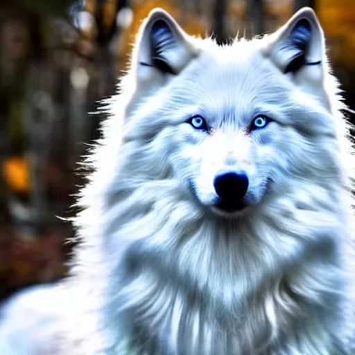 Prompt: a beautiful long - haired white wolf with blue eyes stands in a dormant autumn forest, no yellow color in eyes, no yellow color